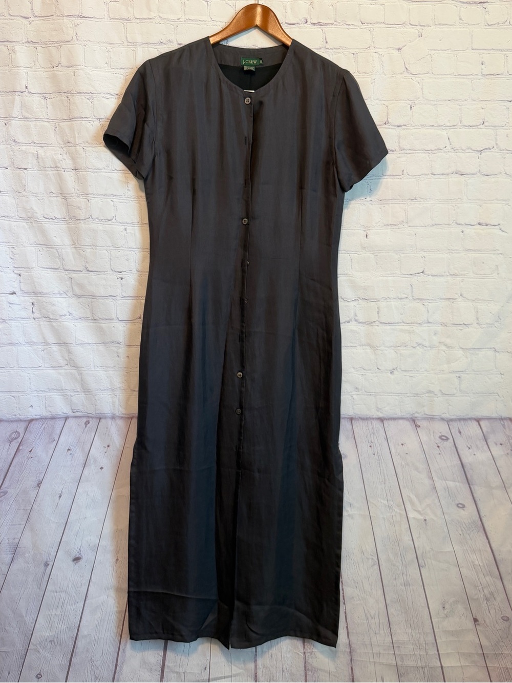 J Crew Womens 10 Silk Button Front Maxi Shirt Dress Short Sleeve Black